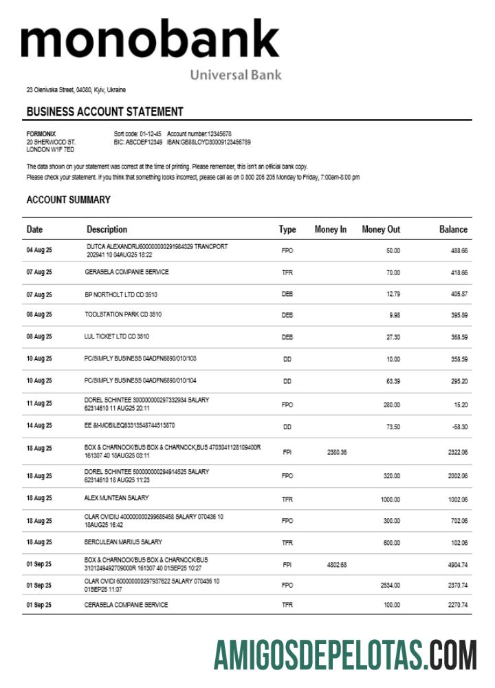 Baixável Ucrânia Monobank Enterprise modelo de extrato de conta Word e PDF